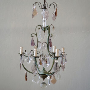 French Verdigris Brass & Glass Chandelier
